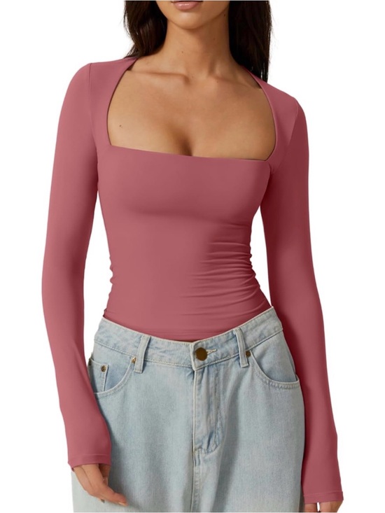Tops - Dusty Rose 🪷 Fitted Square Neck Long Sleeve Top